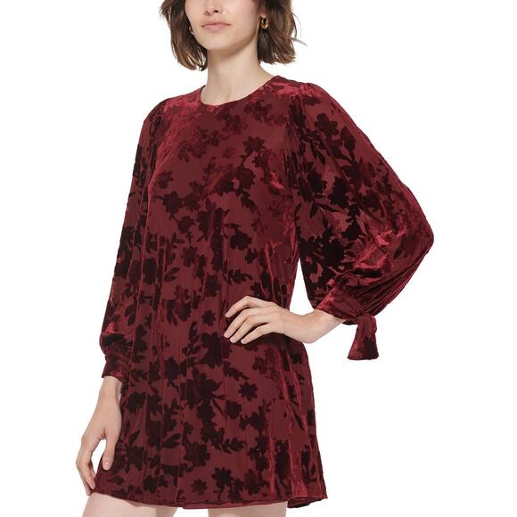 Calvin Klein Red Burnout Velvet Floral Trapeze Mini Dress 4 - Picture 1 of 7